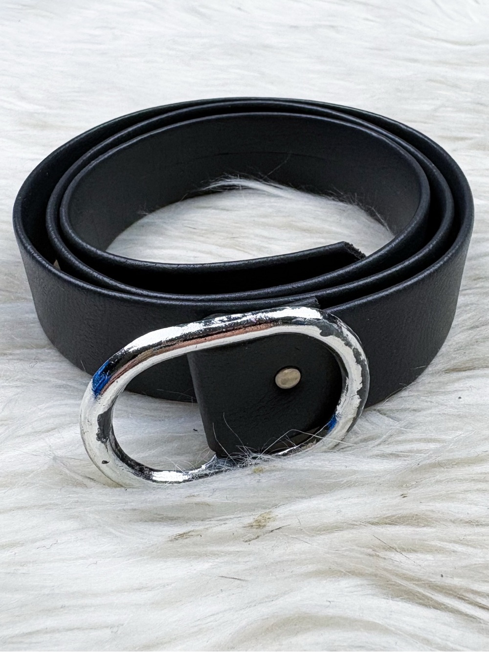 Vintage Black Leather Belt Silver Circle Oval Buckle Womens Small